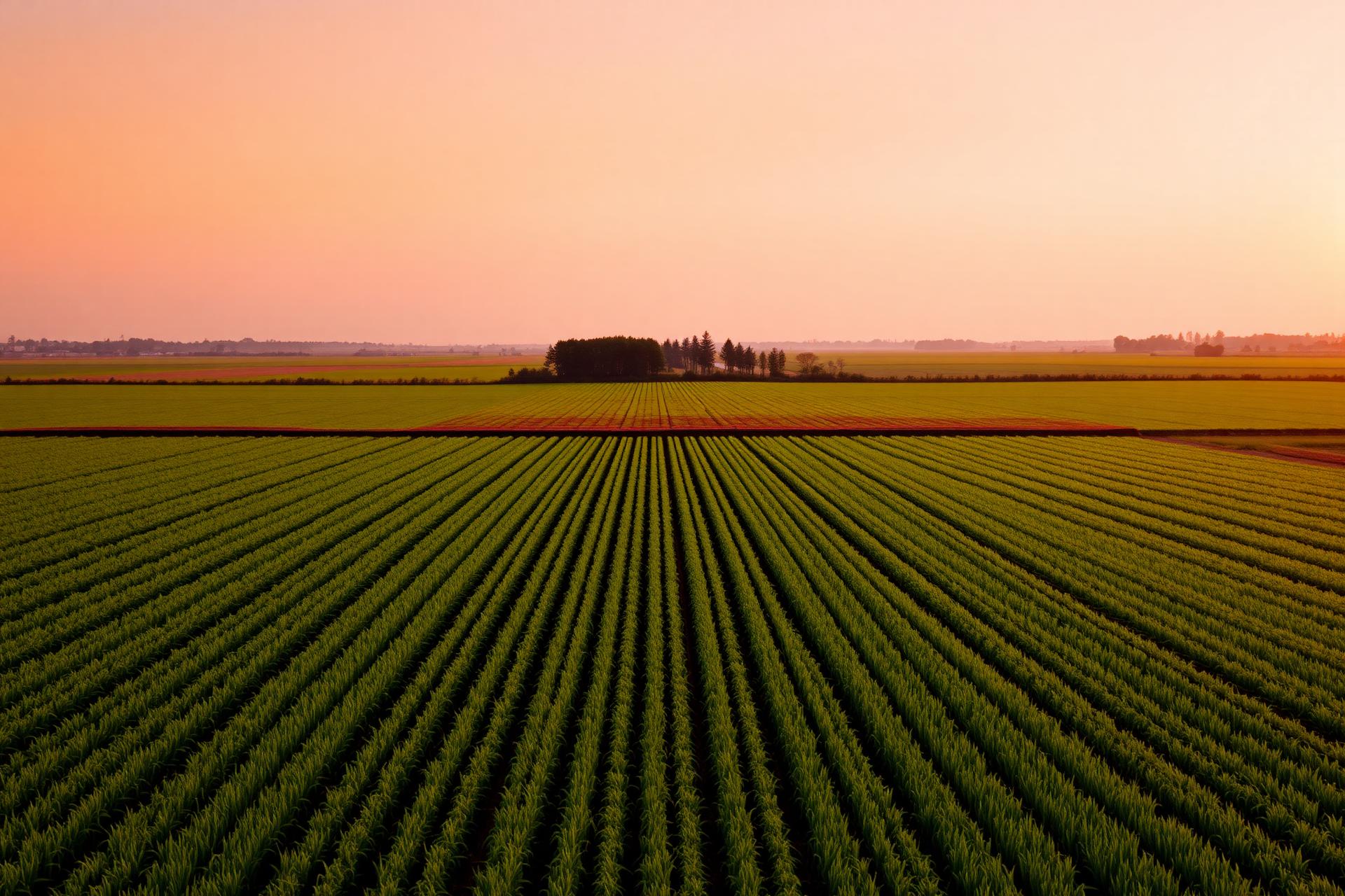 Aerial view of green agricultural rows at golden hour